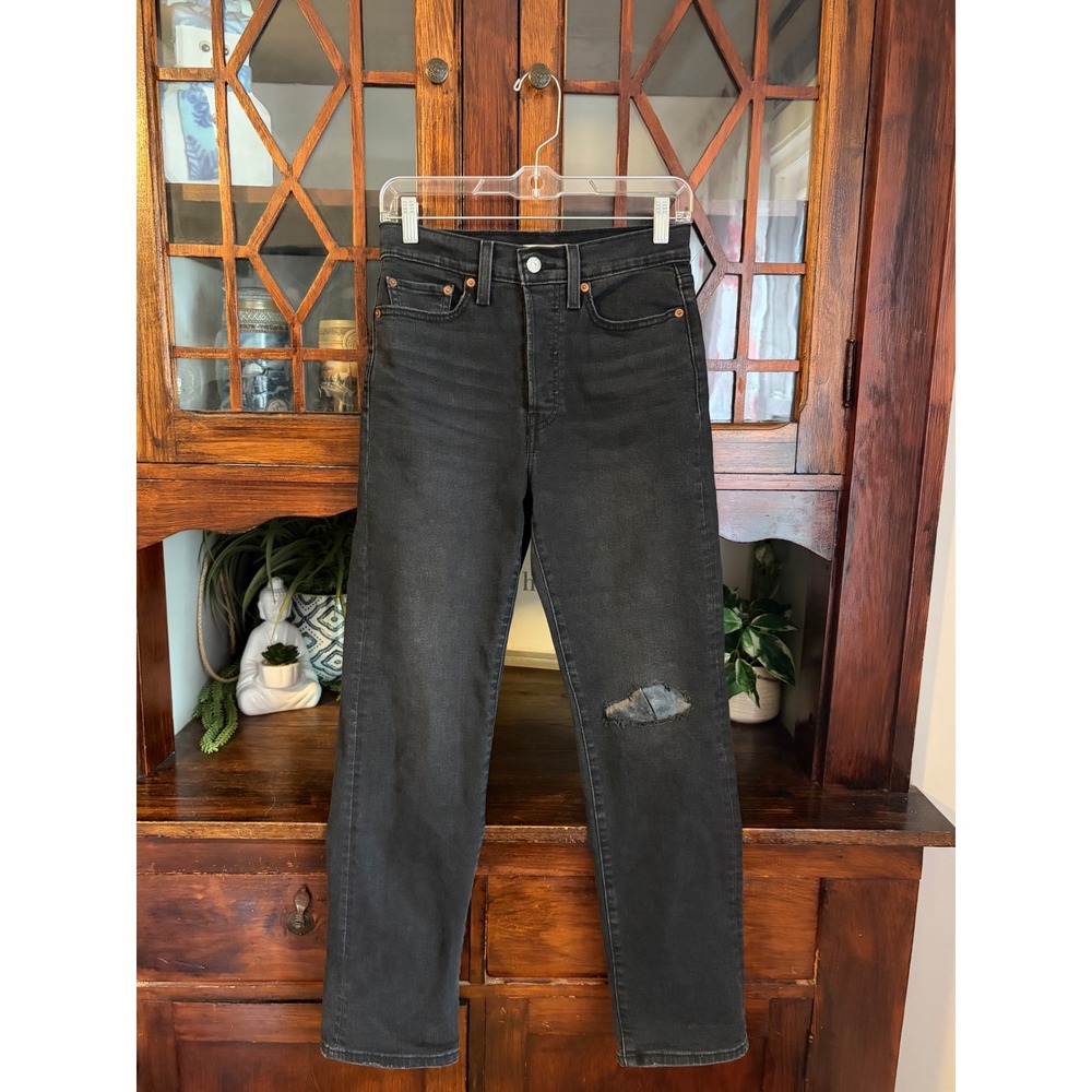 Levis Wedgie Straight Jeans 27 Black High Rise Distressed Ripped Knee